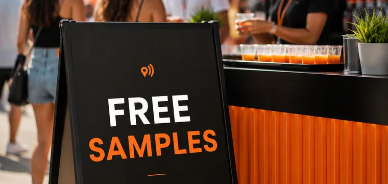 A “Free Samples” A-frame sign beside the IRL Studio booth