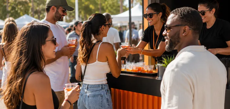 Festival-goers gathering at the booth for samples